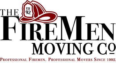 Firemen Moving Company Logo. Red Fire Truck Hat and Black Letters.